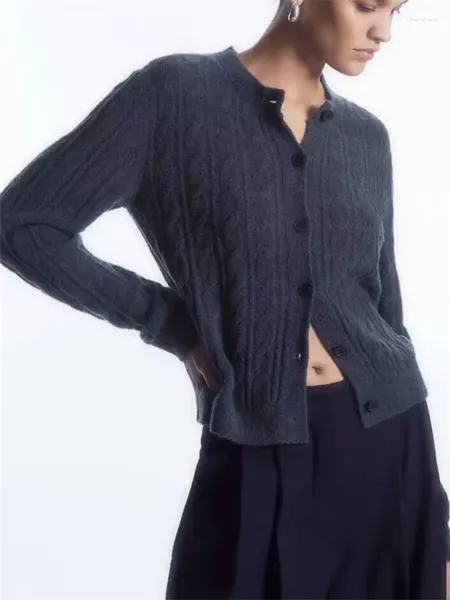 Damen-Strickpullover 2024, gedrehte Wollmischungen, einreihiger Pendlerstrick-Cardigan mit O-Ausschnitt