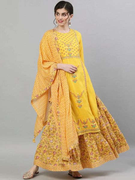 Abbigliamento etnico Sari Style Sari da donna Abito in cotone e seta Girocollo Stampa lunga Casual quotidiano Giallo