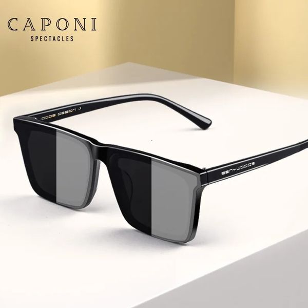 CAPONI Nylon Polarisierte Sonnenbrille Hochwertige Acetat Quadratische Flache Design Sonnenbrille Für Männer UV400 Schützen Schwarz Farbtöne CP7499 240124