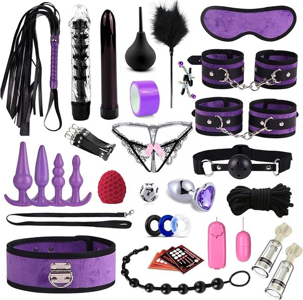 BDSM Leder Sex Toys Kit, 33pcs doppelseitige Flusen-Sex-Bondage-Sets Rückhalteskit mit Handschellen Ankel Manschette Anal Butt
