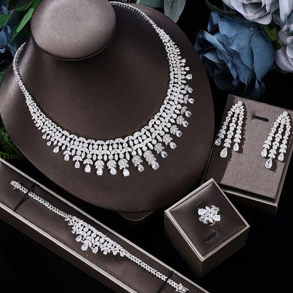 Geniales 4-teiliges Brautschmuck-Set mit Zirkonia, für Damen, Party, Luxus, Dubai, Nigeria, CZ-Kristall, Hochzeit 240130