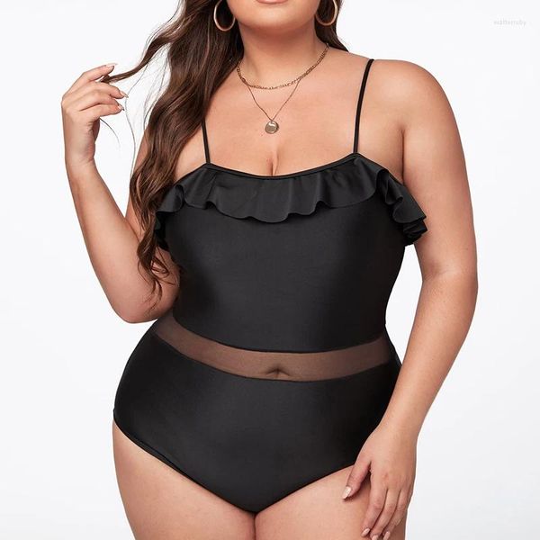 Damenbadebekleidung 2024 Badeanzug Einteiler Plus Size Frauen Badeanzug Sexy Schwarz Gepolsterte Große Brüste Mesh Hollow Out Badebody