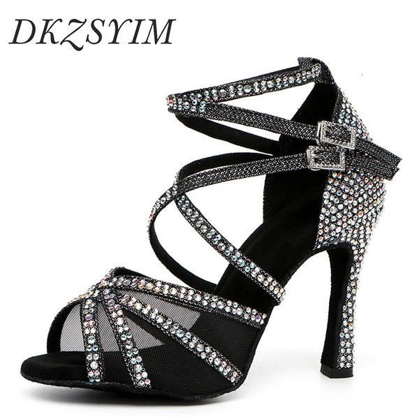 DKZSYIM Женская обувь для латинских танцев со стразами, обувь для латинских танцев для сальсы, черные блестящие туфли для бальных танцев для девочек, женские 240119