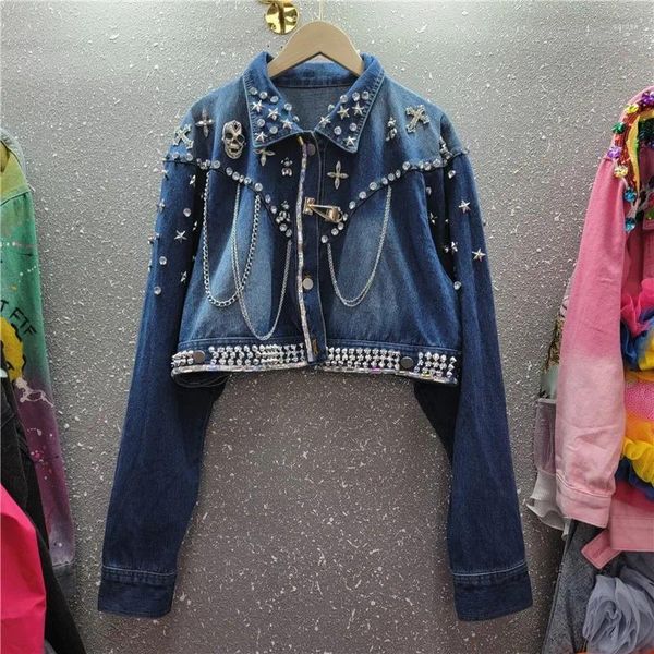 Damenjacken Frauen Diamanten Perlen Denim Mantel Hohe Taille Sterne Nieten Jeans Jacke Metallkette Fransen Strickjacke Strass Streetwear