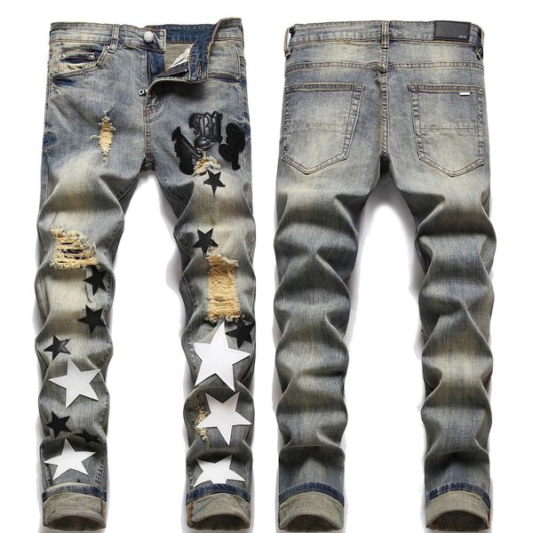 Hochwertige Herren-Jeans mit Slimfit-Lochrissen, blaue Jeans, leichte Luxus-Stickerei, verzierende Hip-Hop-Jeans, stilvolle sexy Straßenjeans 240131