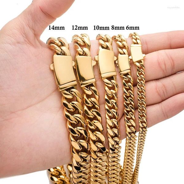 Correntes 6-14mm Chapeamento de Vácuo Bling Titânio Aço Inoxidável Fivela Curva Cubana Miami Link Chain Colares para Homens Hip Hop Rock Jóias