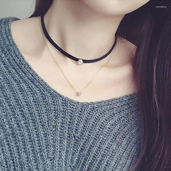 Anhänger Halsketten 2024 Mode Einfache Zarte Zirkon Choker Halskette Frauen Doppelschicht Schwarz Leder Verkauf Trendy Schmuck Großhandel