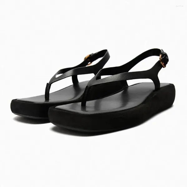 Sandalet 2024 Flip-Flop Bahar Kadın Ayakkabıları Siyah Su Geçirmez Masa Kalın Alt İnek Deri Düz Sandal