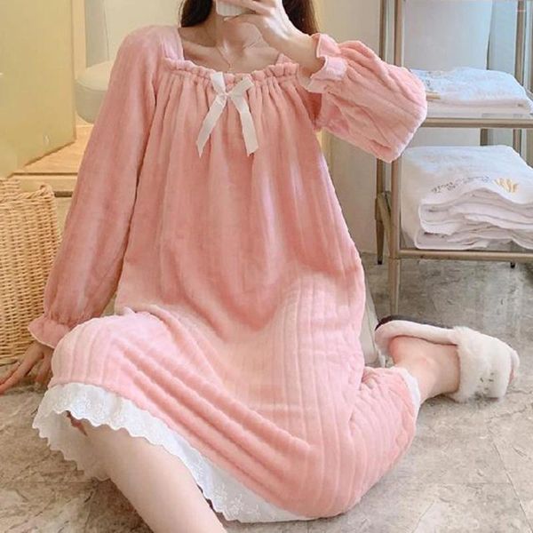 Mulheres sleepwear mulheres térmica sleepdress flanela colorida espessada acolchoada camisola quente camisola doce estilo homewear robe