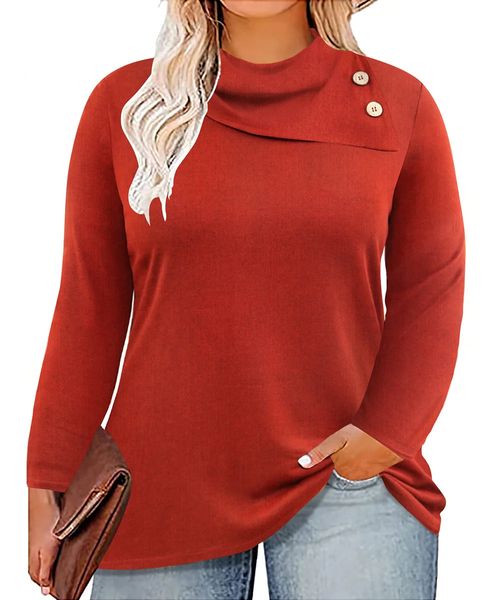 Plus Size Damen Langarmshirt Weinrot Wasserfallausschnitt Knopfdesign Modische Bluse Bequem Weich Herbst 5X Damenbekleidung 240126