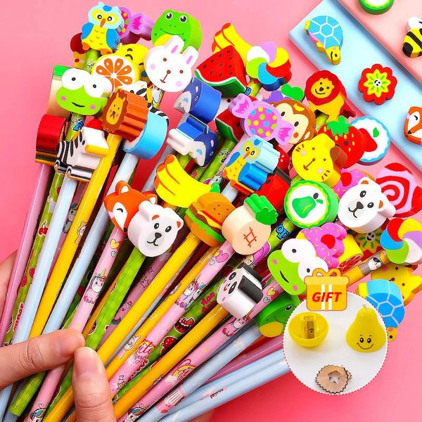 20pcslot sevimli karikatür hb kalemleri ile kawaii silgi başlık çocukları için başlık çocuklar için çocuklar yazma kalem okulu malzemeleri 240124