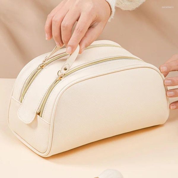 Bolsa cosmética de couro pu para viagem, bolsa de beleza feminina, bolsa de maquiagem, alta capacidade, à prova d'água, organizador de higiene pessoal para homens