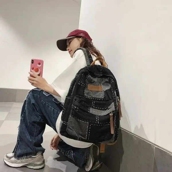Sacos escolares japonês na moda legal remendo contrastante cor mulheres mochila grande capacidade todos os jogos denim moda viagem