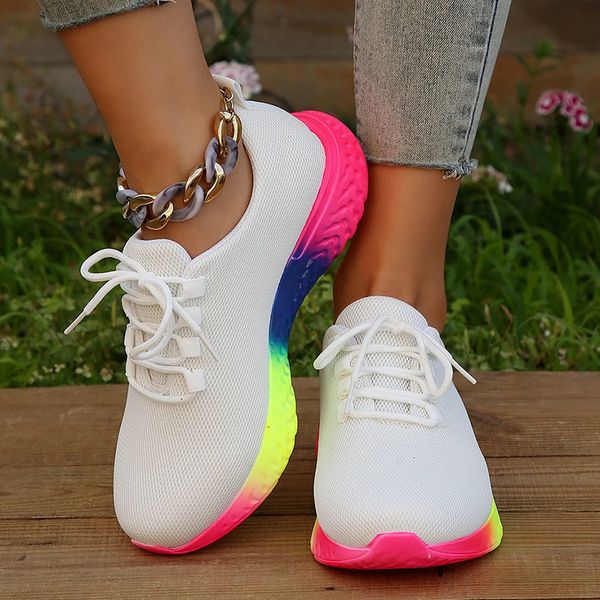 Lucyever Fashion Rainbow Bottom Sneaker Kadın Nefes Alabilir Maf Tenis Kadın Örme Kayma Koşu Ayakkabıları Artı Boyut 43 240124