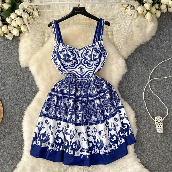 Vestidos casuais vintage azul e branco porcelana espaguete cinta vestido feminino sem mangas floral impressão sem costas férias de verão mini vestidos