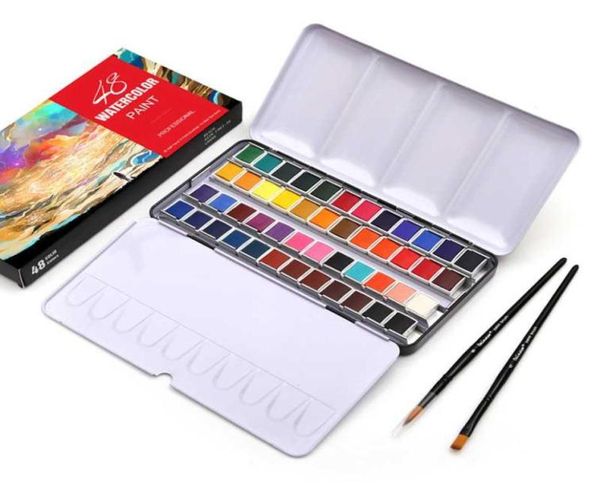 DAINAYW Portátil 48 Cores Pigmento Sólido Conjunto de Tintas Aquarela Caixa de Lata Conjunto de Tintas com 48 Cores Meia Panela 2 Caneta Pincel Água paper5090356