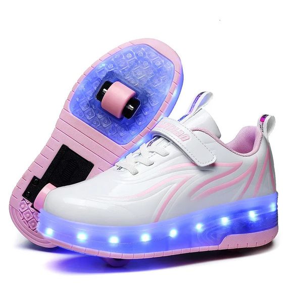 Детские кроссовки со светящимися колесами, модная обувь с мигающими роликовыми коньками для мальчиков и девочек, уличная уличная обувь с зарядкой через USB, светодиодная уличная обувь240129