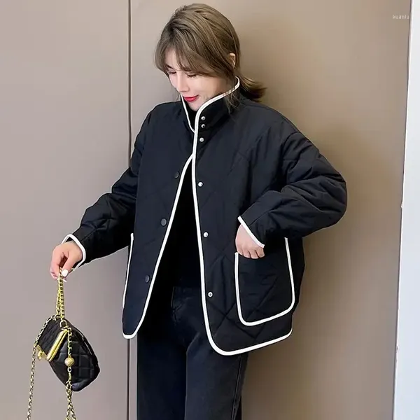 Casacos de Trench das Mulheres 2024 Moda Parkas para Mulheres com Diamante Quilting Stand Collar Leve Primavera Outono Inverno Jaqueta de Algodão Preto