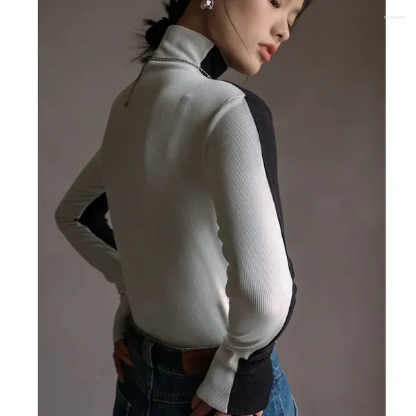 Женские футболки оптом, базовые тонкие топы с высоким воротником, высокая эластичность, женская осенне-зимняя лоскутная рубашка с длинным рукавом, однотонная рубашка с ворсовым воротником