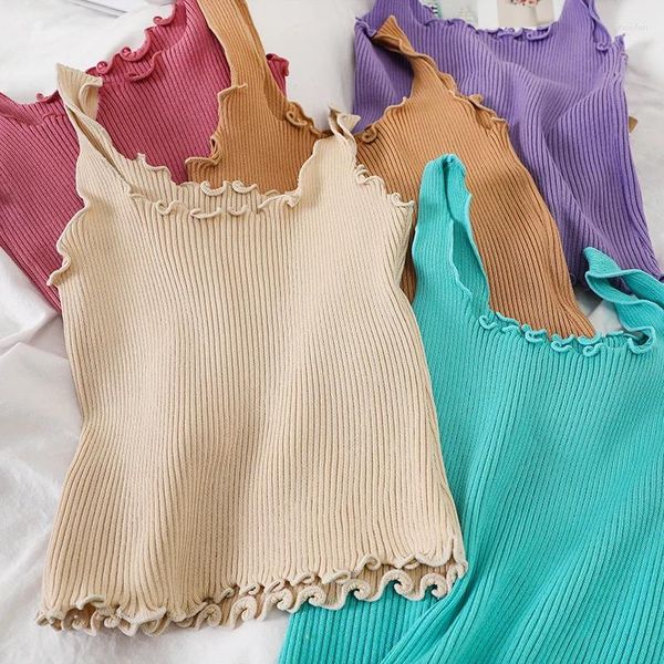 Canotte da donna Pearl Diary 7 colori Canotte in maglia a coste Bordo lattuga Sexy senza maniche estivo Colore caramella dolce per le donne Top da spiaggia