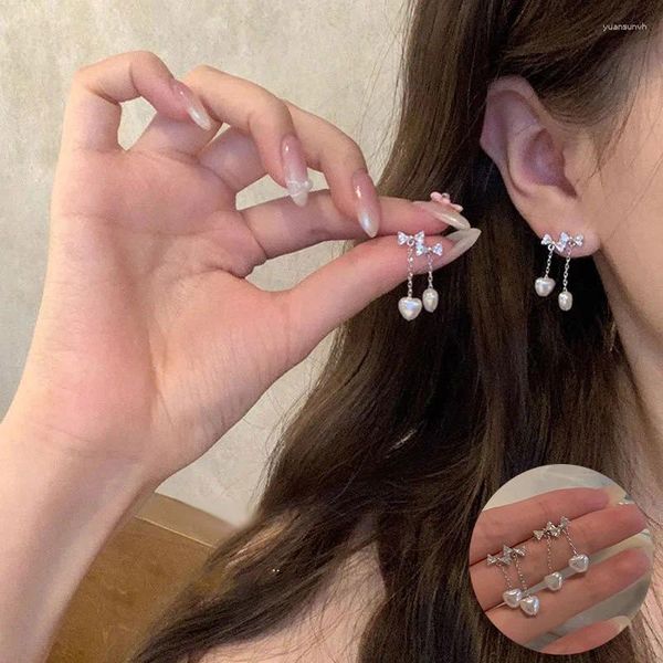 Baumelnde Ohrringe aus 925er-Sterlingsilber, Perlen-Bowknot-Ohrring für Frauen und Mädchen, modisch, geometrisches Quasten-Design, Schmuck, Party-Geschenk