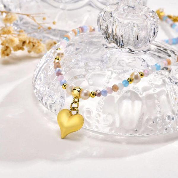 Collane con ciondolo Delicate perline di cristallo Collana in acciaio inossidabile in lega metallica per donna Collare a cuore color oro di alta qualità alla moda