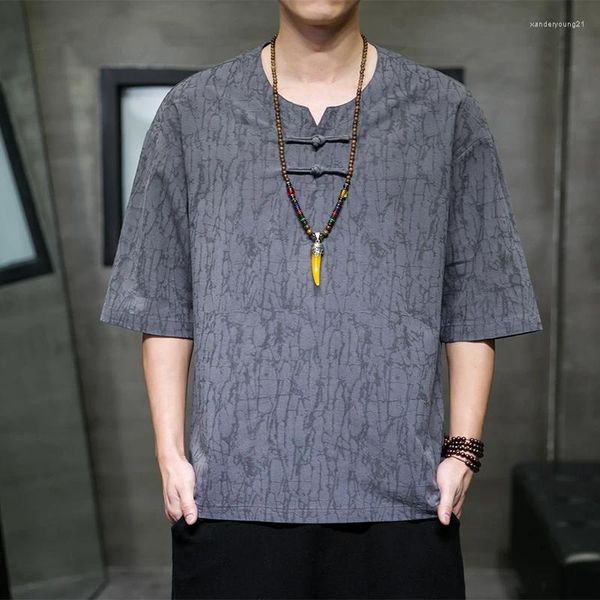 Этническая одежда, летний костюм Тан в китайском стиле с жаккардовым узором, мужская футболка Hanfu, восточные свободные футболки с пряжкой, винтажная одежда в стиле дзен, топ
