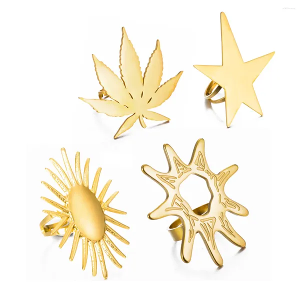 Cluster Ringe Mode Gold Farbe Edelstahl Offen für Frauen Ahornblatt Blume Sun Star Finger Großer Ring Weibliche Schmuck Geschenk