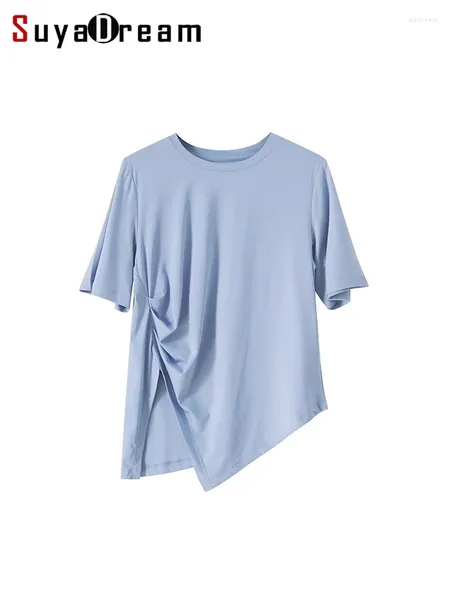 Damen T-Shirts SuyaDream Frauen Solides Hemd Echte Seide Baumwollmischung Runder Kragen Asymmetrischer Boden Sommer T-Shirt 2024 Tops Blau Weiß