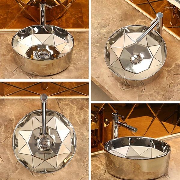 Set di accessori da bagno Lavabo da tavolo in ceramica Lavabo Art Silver Lavabo per uso domestico di grande capacità Inter-piattaforma Colore ovale