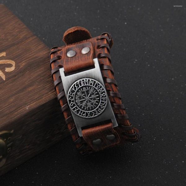 Link Armbänder Charm Breites Lederarmband Männer Punk Geflochtenes Seil Legierung Männliches Armband Viking Herrenschmuck Mit Holzkiste