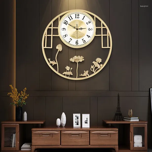 Relógios de parede estilo chinês luz luxo sala de estar relógio de cobre decoração moderna fundo relógio mudo