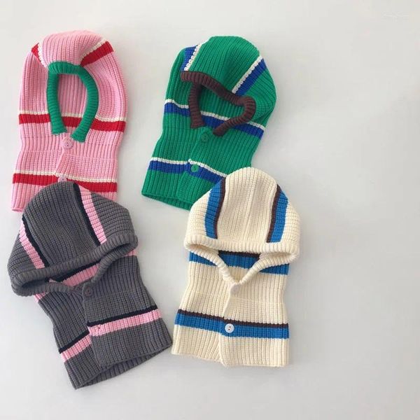 Berretti Coreani per bambini Passamontagna Cappello a righe lavorato a maglia invernale per bambini Caldo cappuccio Berretto Sciarpa in un unico pezzo Protezione per le orecchie delle ragazze dei ragazzi