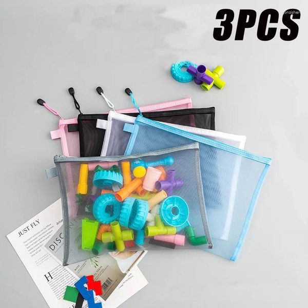 Sacos de armazenamento 1/3pcs malha zíper bolsa de documentos de nylon à prova d'água pastas de arquivo zip escola material de escritório estojo de lápis