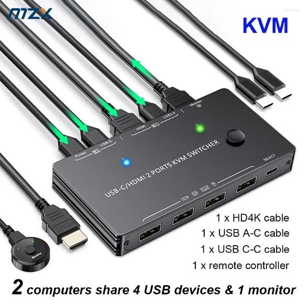 Switch KVM tipo C 4K 60Hz 2 computadores compartilham 1 monitor 4 dispositivos USB Hub compatível com HDMI Thunderbolt 3 PD 87W Power Delivery
