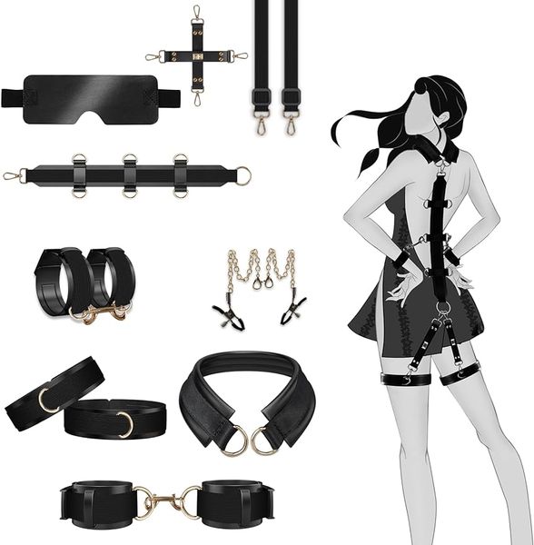 Sexspielzeug-BDSM-Fesseln, 9-teiliges Bondage-Set, Spielzeug-BDSM-Set für Erwachsene für Anfänger und Fortgeschrittene, Spiel für Erwachsene mit Handschellen, Halsband, Knöchelmanschette, Augenbinde, Lederstruktur,