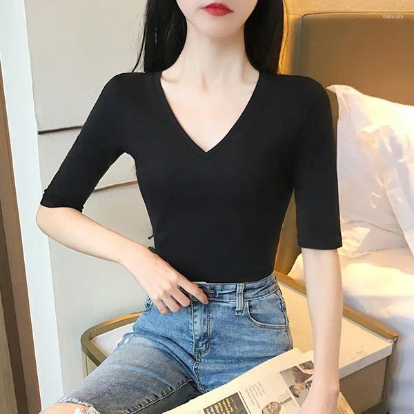 Bühne tragen 2024 V-ausschnitt T-shirt Frauen Koreanische Kleidung T-shirt Ausbildung Sexy Weiß Weibliche T-shirt Off Schulter Top Sommer tops Für