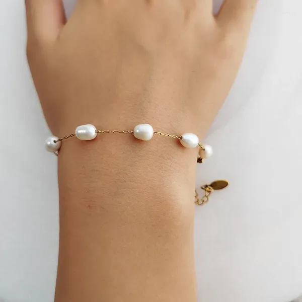 Link pulseiras 1 pc personalizar irregular natural pérola contas corrente de aço inoxidável para mulheres meninas crianças ano jóias presente sorte