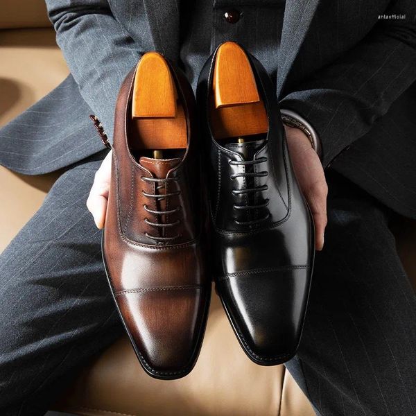 Scarpe eleganti Punta quadrata Triplo snodo Classico da uomo Strato in pelle Pelle bovina Abbigliamento formale da lavoro Suola in gomma Oxford