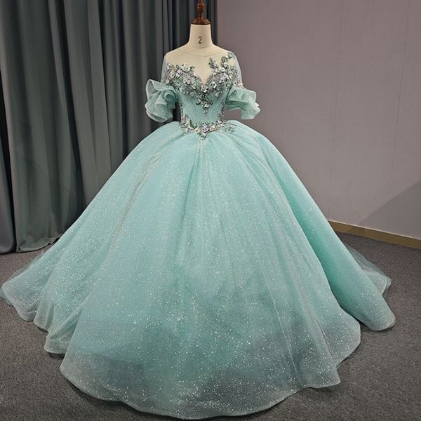 Aquablaues, glänzendes Prinzessin-Quinceanera-Kleid, Ballkleid, Perlenapplikationen, Spitze, Tüll, süßes 16-Kleid, 15. Dezember des 15. Jahres