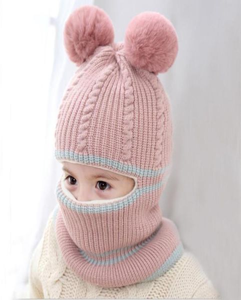 Nuovo cappello invernale per bambini Pom Pom in maglia berretti per bambini per bambini ragazza e ragazzo cappello invernale sciarpa maschera doppia fodera calda berretti spessi7537452