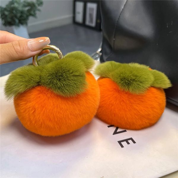 Niedlicher Plüsch-Persimmon-Schlüsselanhänger aus echtem Rex-Kaninchenfell, Kindertasche, Ornamente, Anhänger, Damen-Auto-Schlüsselanhänger, Schmuck, Schmuckstücke, Geburtstagsgeschenke 240122