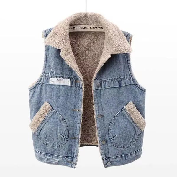 WTEMPO Giacca da donna senza maniche in denim Gilet foderato in pile Sherpa Gilet da donna Autunno inverno Cappotto con bottoni Shacket 240123