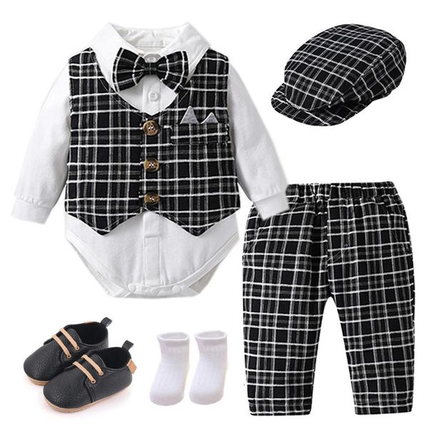 Одежда для джентльменов на первый день рождения, клетчатый жилет для новорожденных, шляпа, брюки, белый боди, свадебный костюм, деловой костюм для маленьких мальчиков, 240127