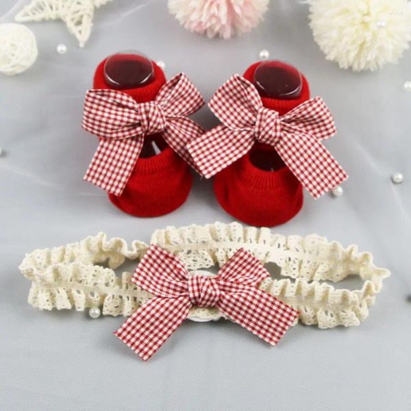 Kadın Çorap Yay Kırmızı Bebek Noel Hediye Kız Baş Bandı Set Bebek Anti Slip Toddler Zemin