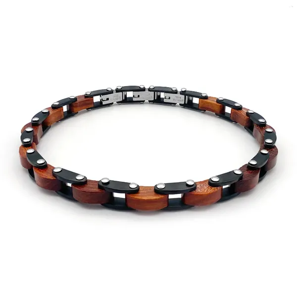 Link pulseiras runda pulseira masculina corrente de madeira com parte de aço inoxidável ajustável size22cm artesanal moda marcas de luxo de madeira