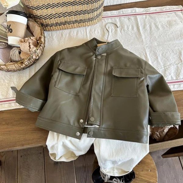 Jacken Cool Coat Mädchen Jungen Lederjacke Stehkragen Taschen Reißverschluss Frühling Herbst PU Solide Kinder 2-8 Jahre Oberbekleidung