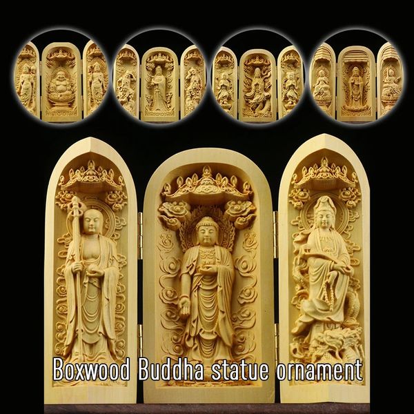 Тибетский буддизм Самшит Кван-Инь Шакьямуни Гуаньинь 3 Статуя Будды Бога Складная коробка для статуи Будды Домашний храм Декор Орнамент 240202