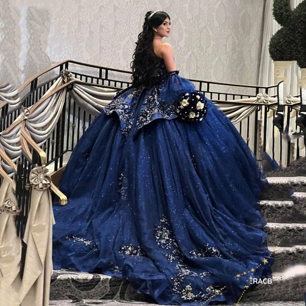 Abito da ballo con volant senza spalline blu navy Abito Quinceanera con applicazioni di perline di pizzo Corsetto tull Dolce 15 Abiti XV Anos