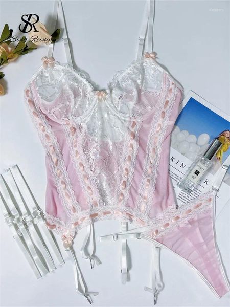 Set di reggiseni SINGREINY Biancheria intima di pizzo solido erotico Abiti senza spalline Scava fuori Lingerie skinny Francese Corsetto trasparente sexy Reggiseno pornoSlip Se